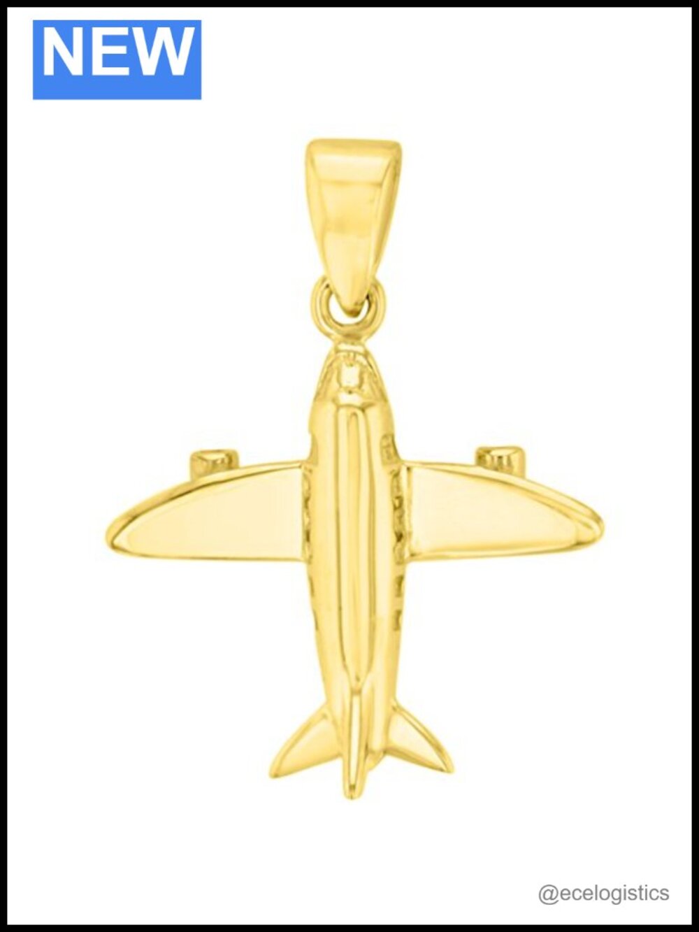 14K Yellow Gold 3D Airplane Charm Pendant